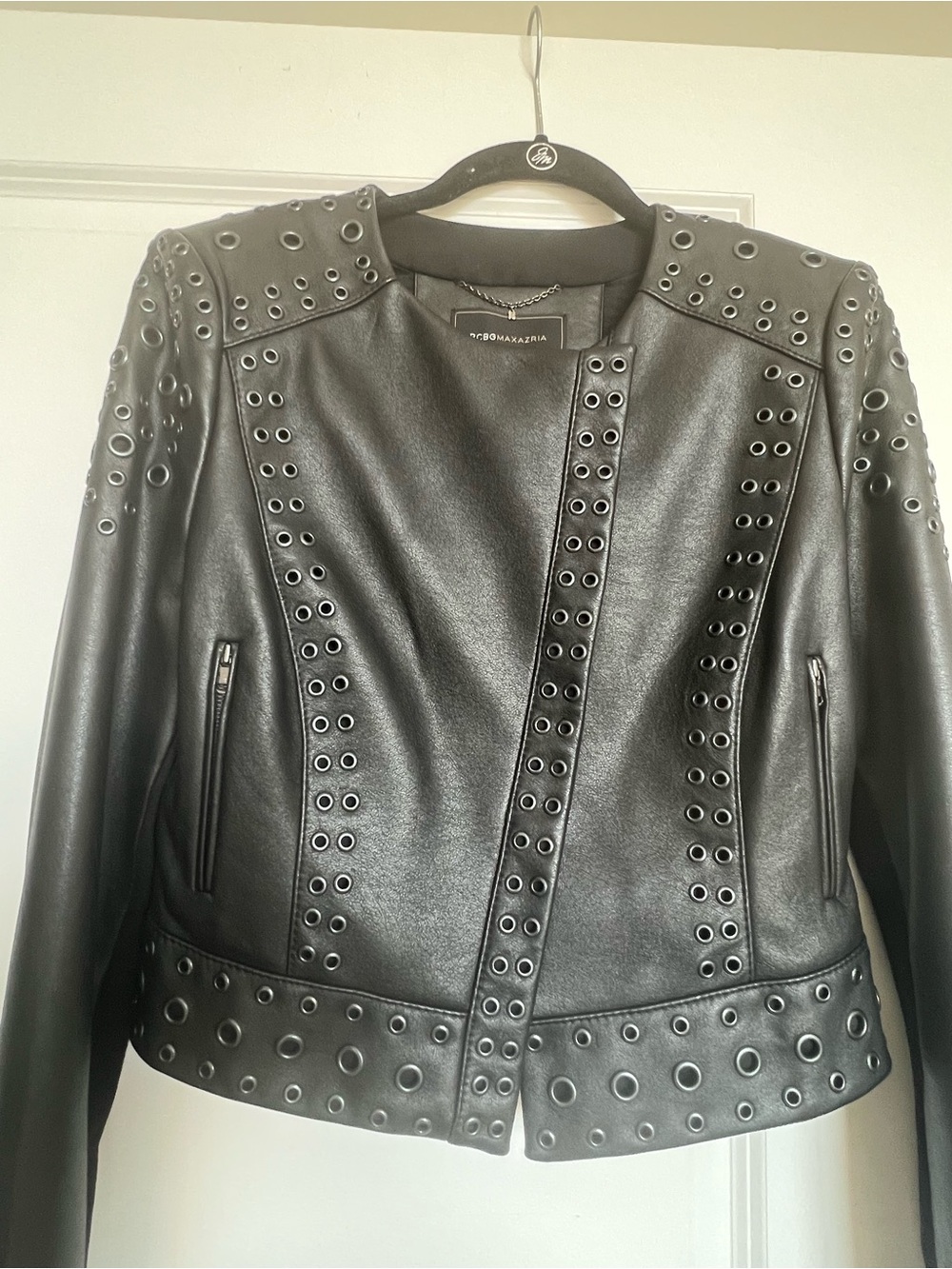 BCBGMaxAzria Black Faux Leather Grommet-Trim Jacket
